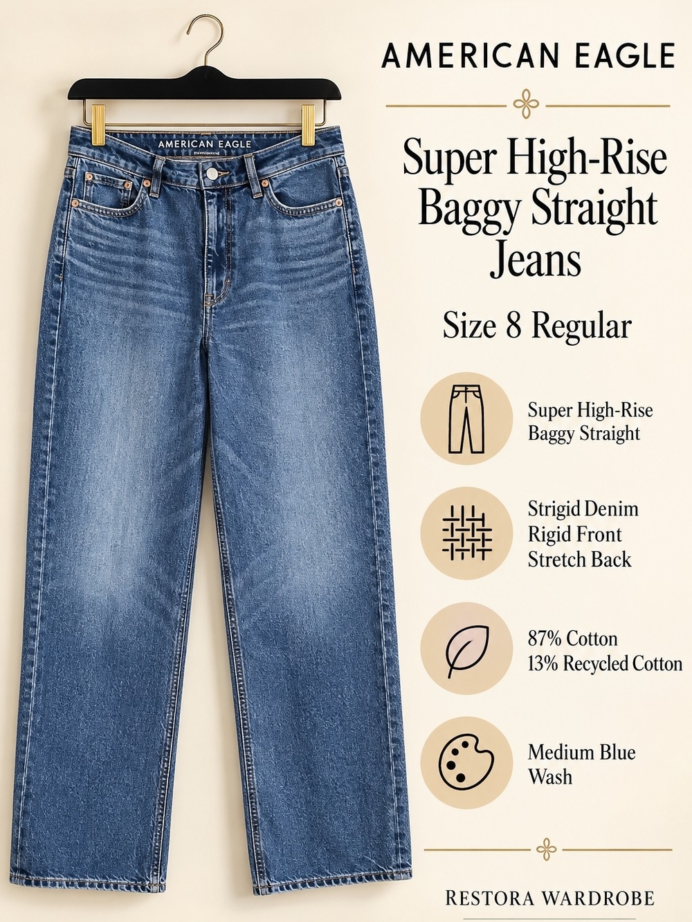 American Eagle Baggy Straight Jeans Blue Strigid Super High Rise 90s Size 8